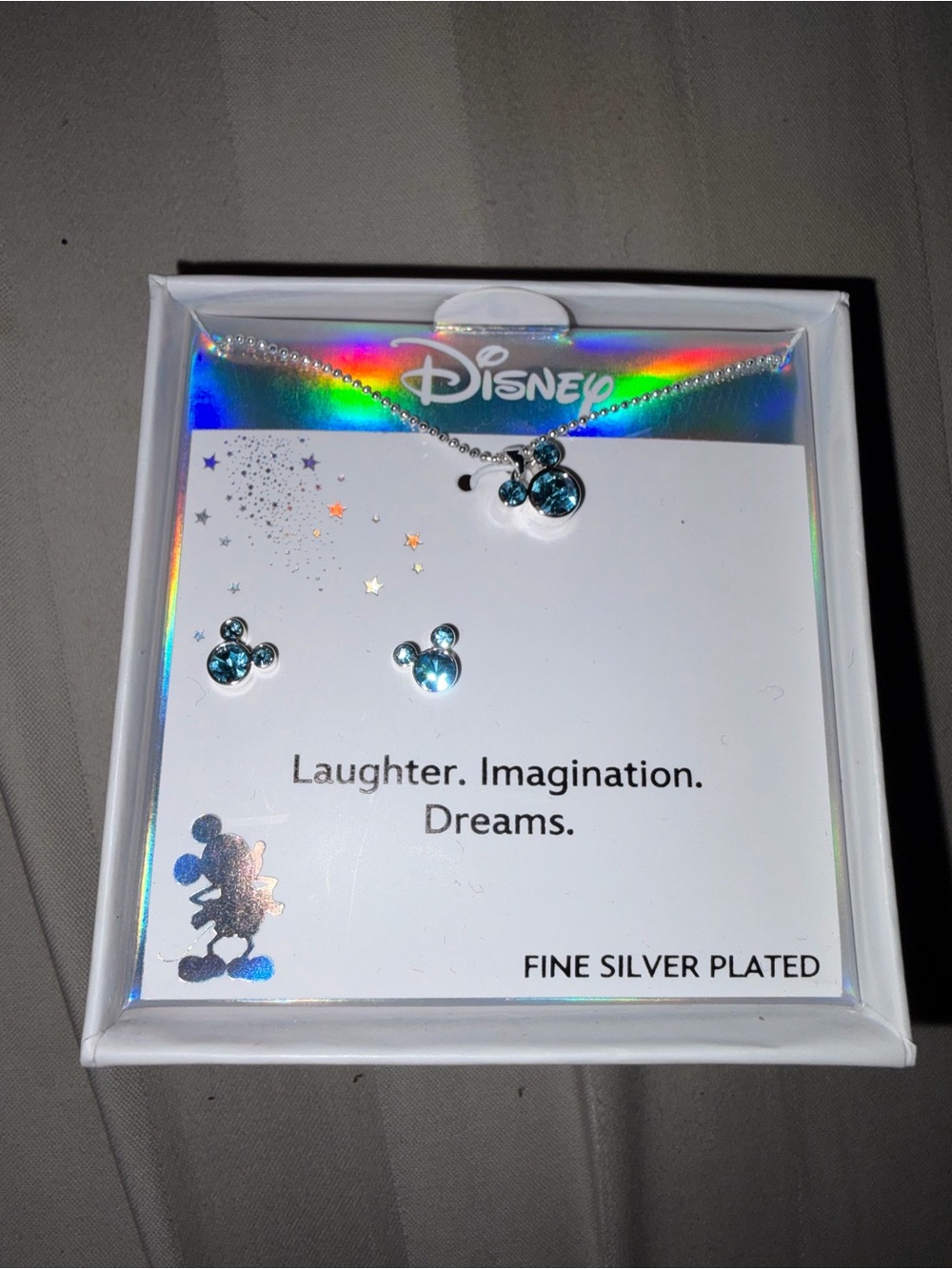 Disney Silver Plated Necklace and Stud Earrings with Teal Crystal Mickeys